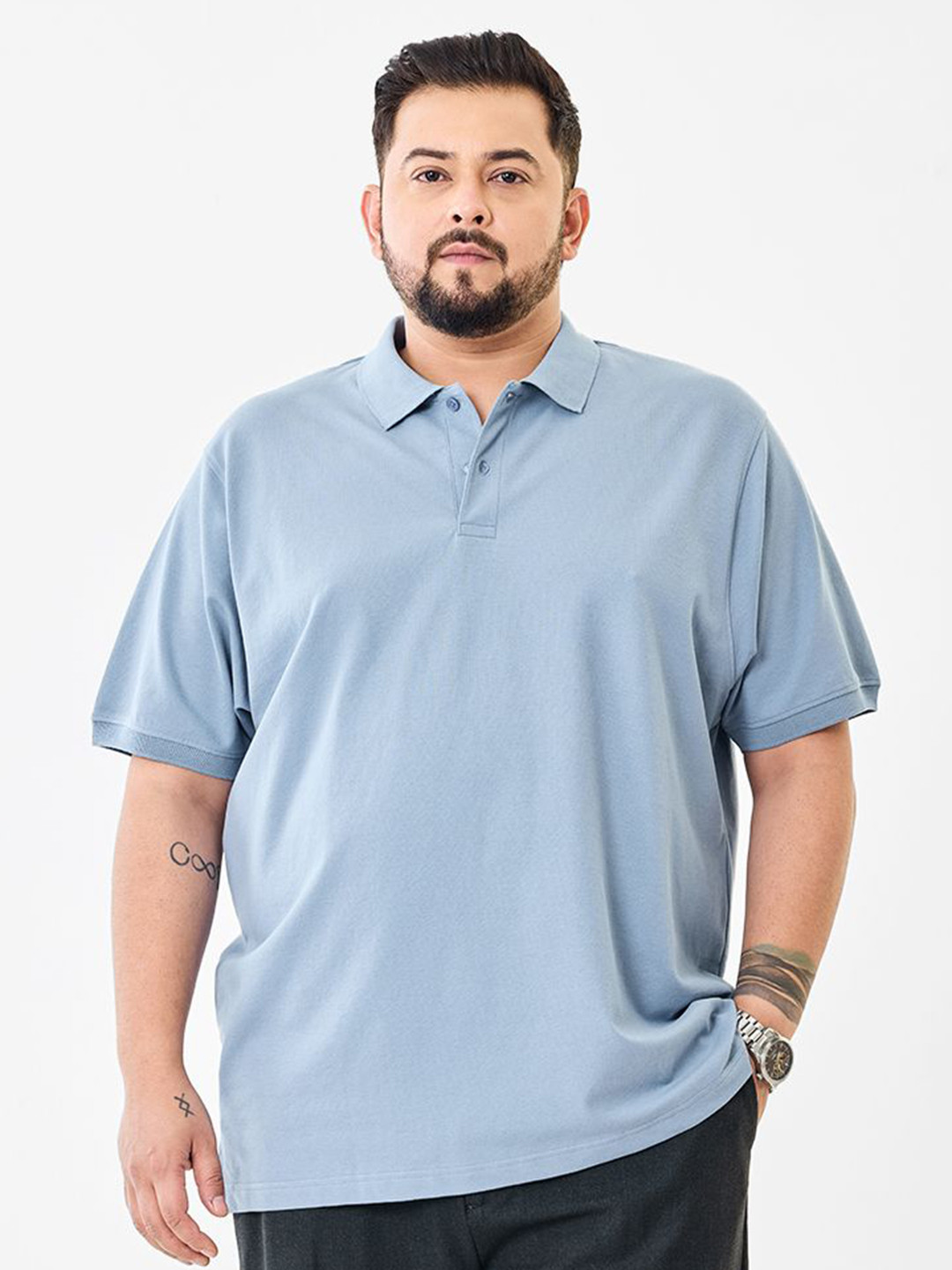 Snitch Men Plus Size Solid Light Blue T-shirt