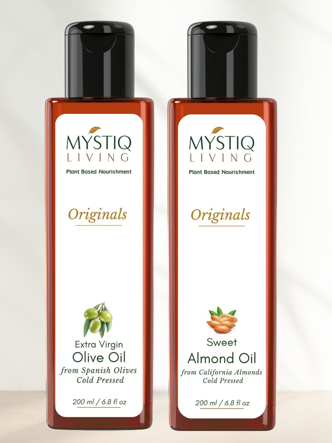 MYSTIQ LIVING 100% Pure Cold-Pressed Olive & Almond Hair & Skin Care Oil - 200ml Each