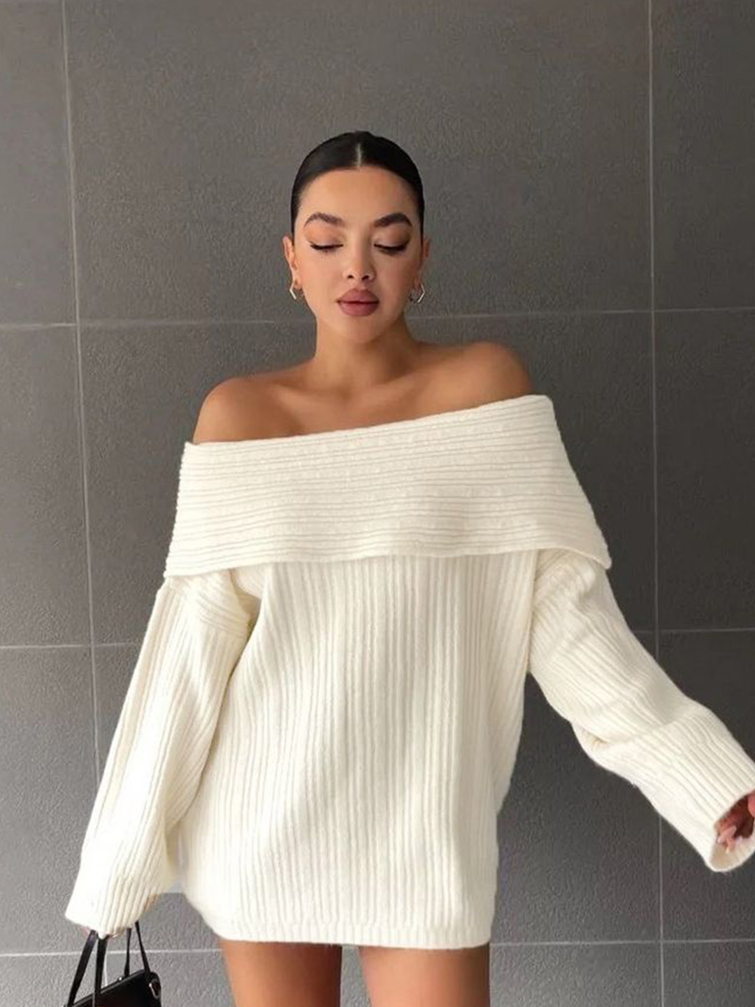 LULU & SKY Women Ribbed Off-Shoulder Full Sleeves Pullover