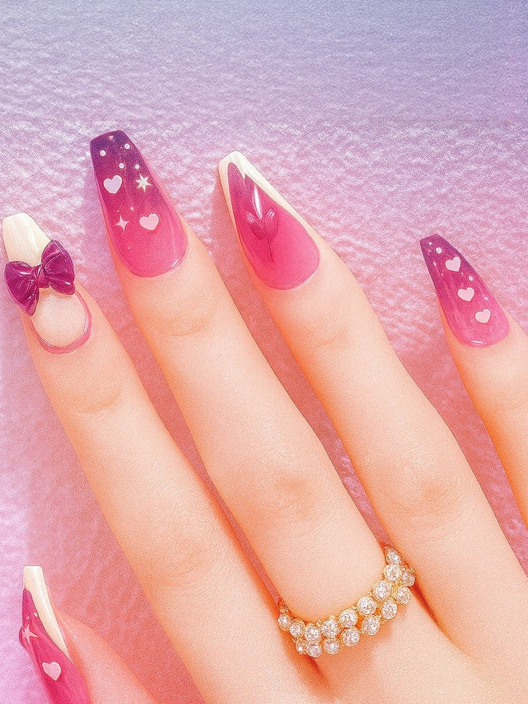 Striking Viking Set Of 18 Pink Ombre Heart & Bow Press-On Nail