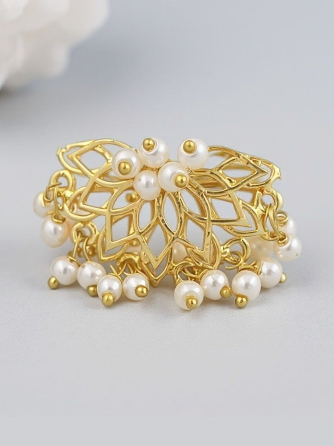 MISS ASTUTE Gold-Plated Pearls Beaded Lotus Finger Ring