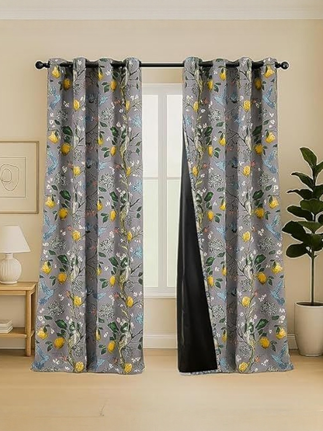 BFAM Grey & Yellow Floral Thermal Insulated 2 Pieces Long Door Black Out Eyelet Curtains