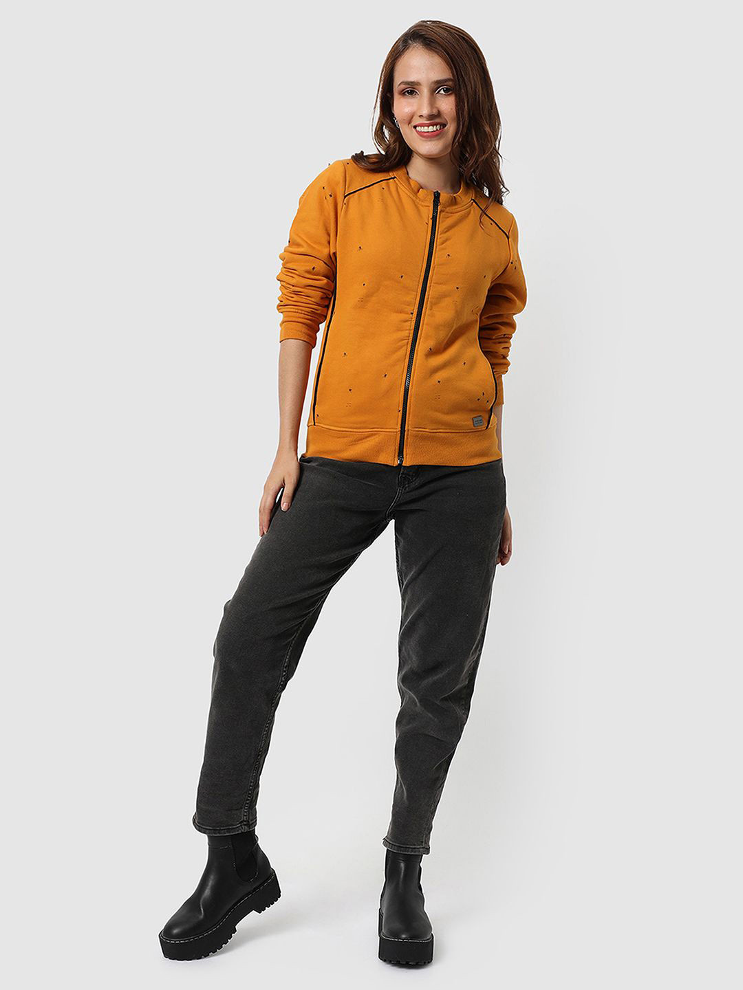 Campus Sutra Women Celestrial-Imprint Zip-Front Front-Open Sweatshirt