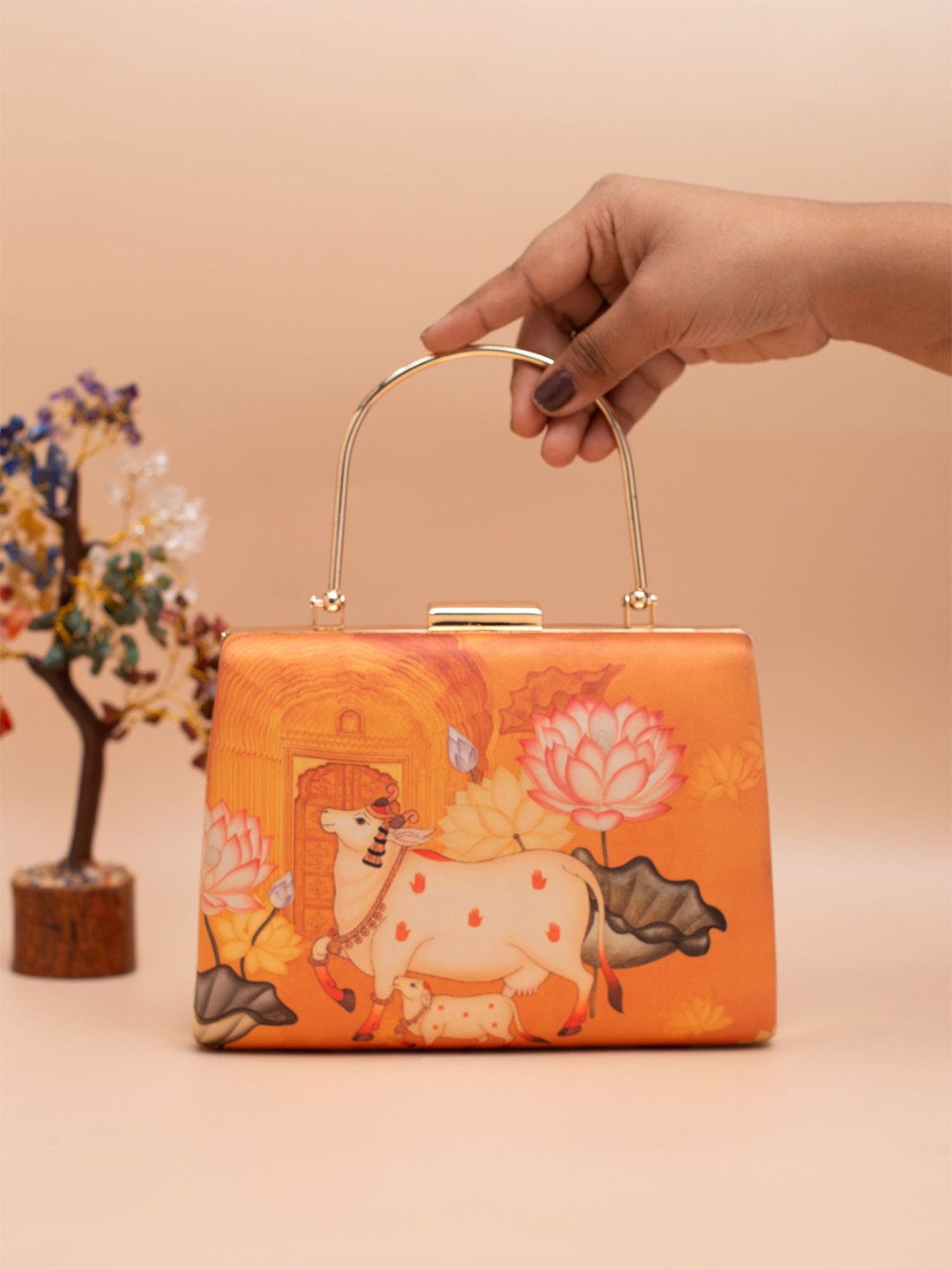 ARTKLIM Divine Cow Lotus Hand Printed Box Clutch