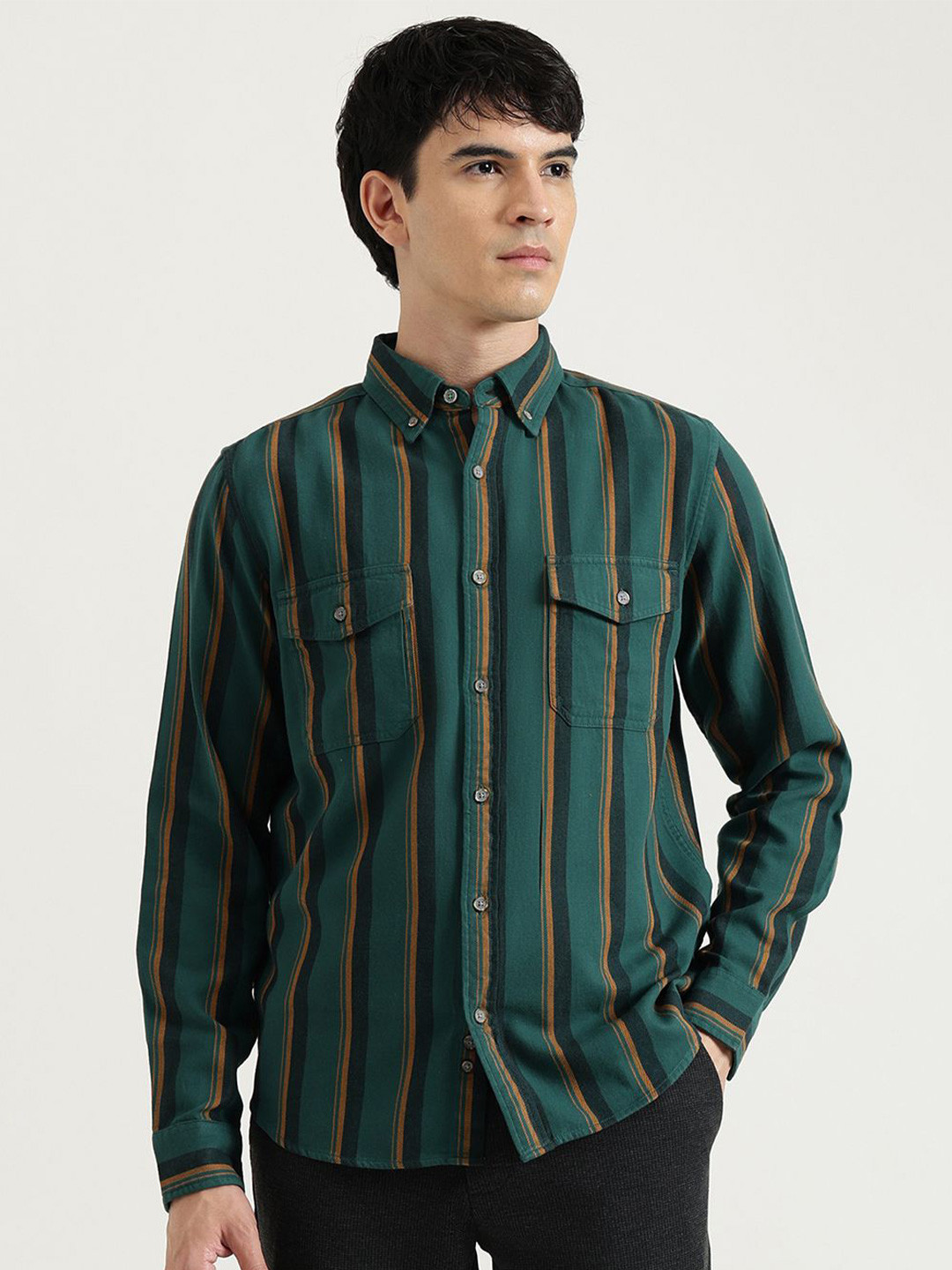 United Colors of Benetton Striped Button Down Collar Double Pocket Flannel Shirt