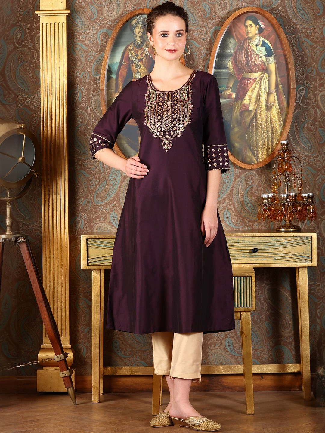 W Ethnic Motifs Embroidered Round Neck Kurta With Trouser