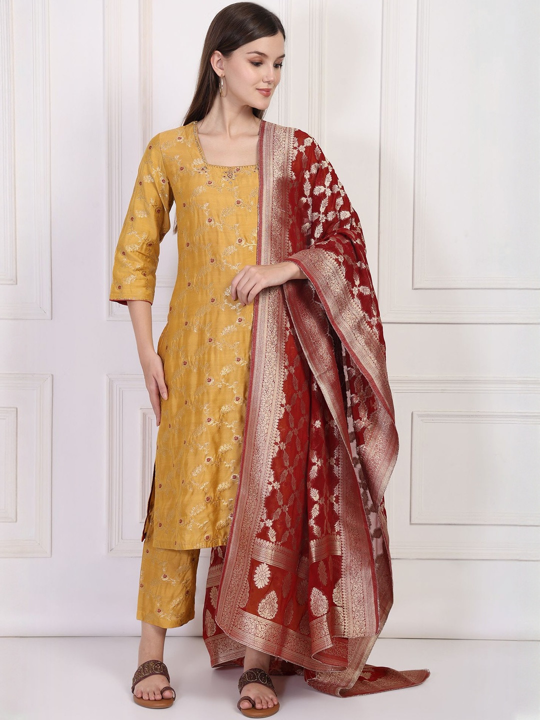 Folk Song Ethnic Motifs Woven Design Square Neck Straight Kurta With Trousers & Dupatta