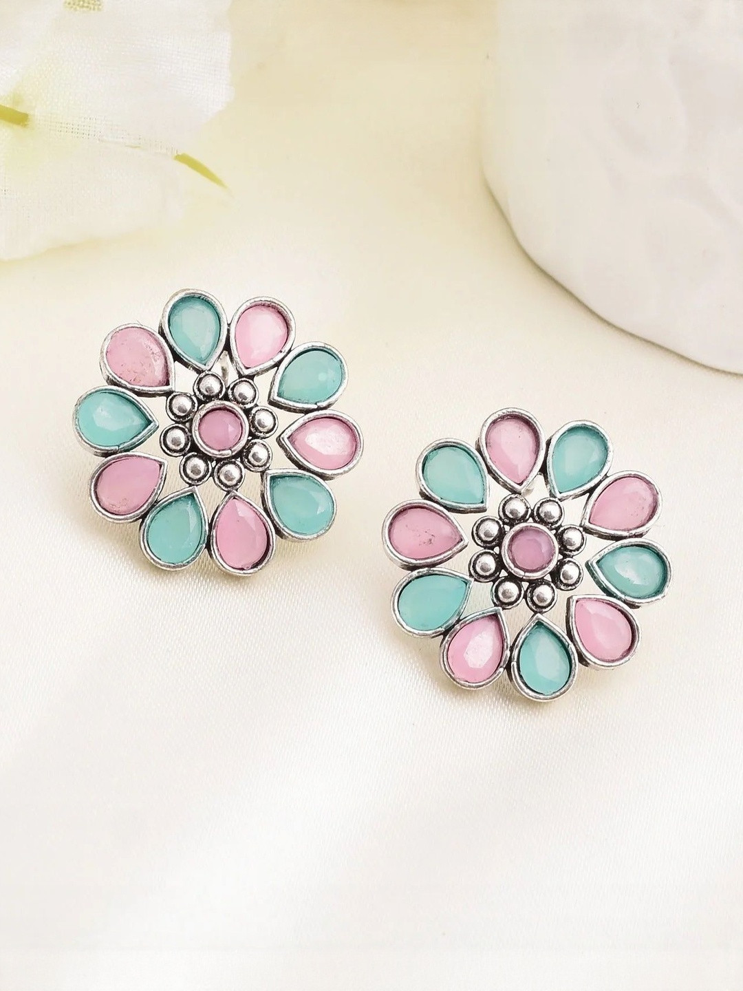MODE & MINIMAL 925 Silver Plated Artificial Stones Studded Oxidised Floral Shaped Studs