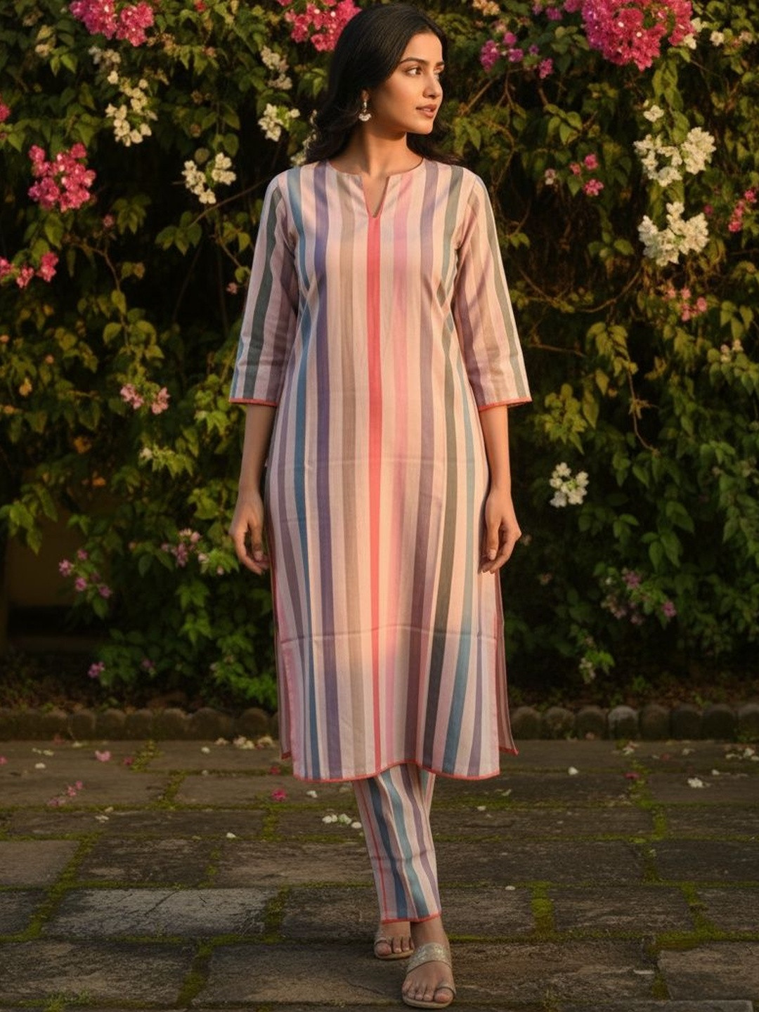 Gopi Prem Striped Pure Cotton Straight Kurta With Trousers