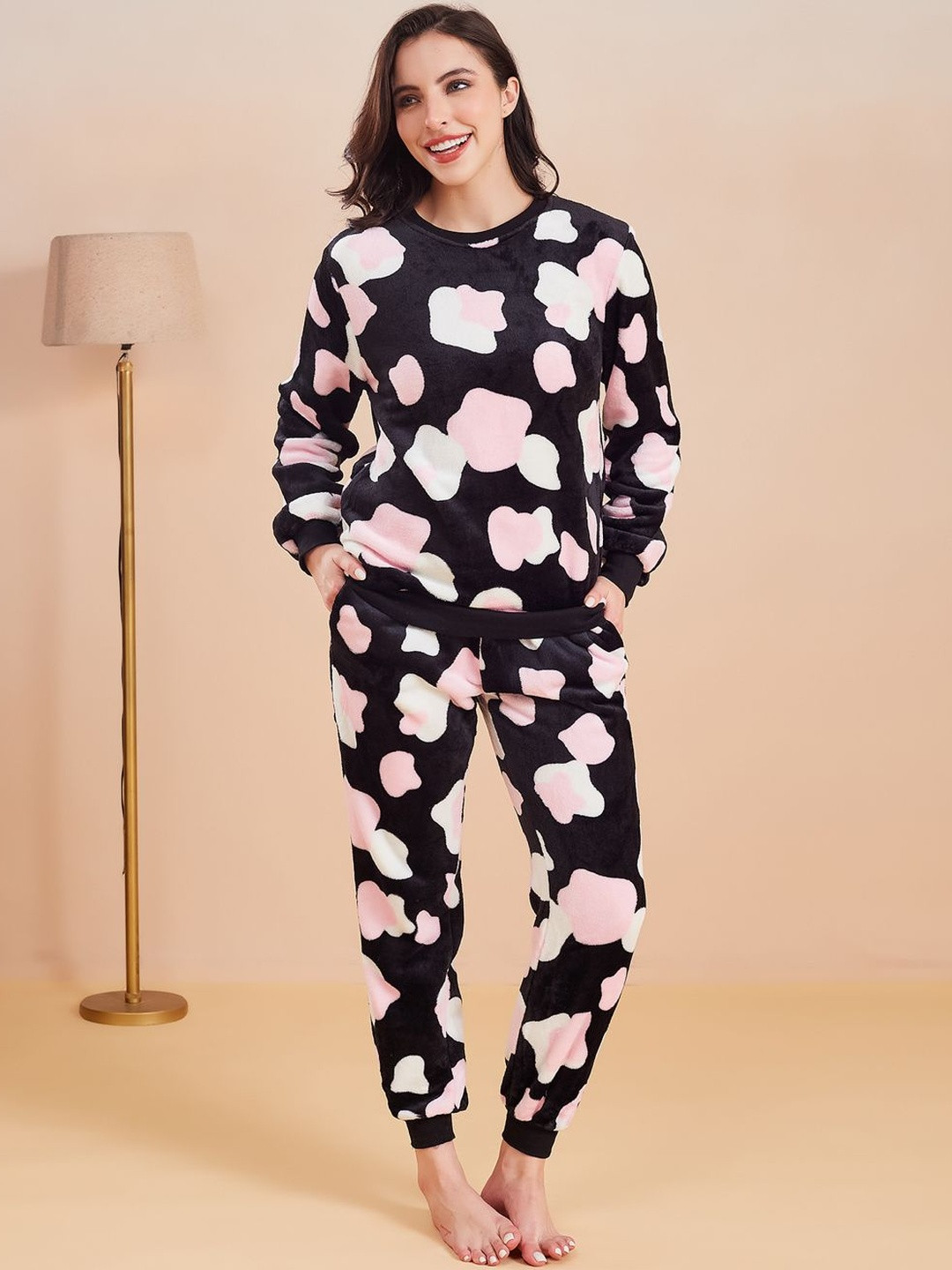 G Heist Women Round Neck Printed Fleece Winter Fur Night Suit