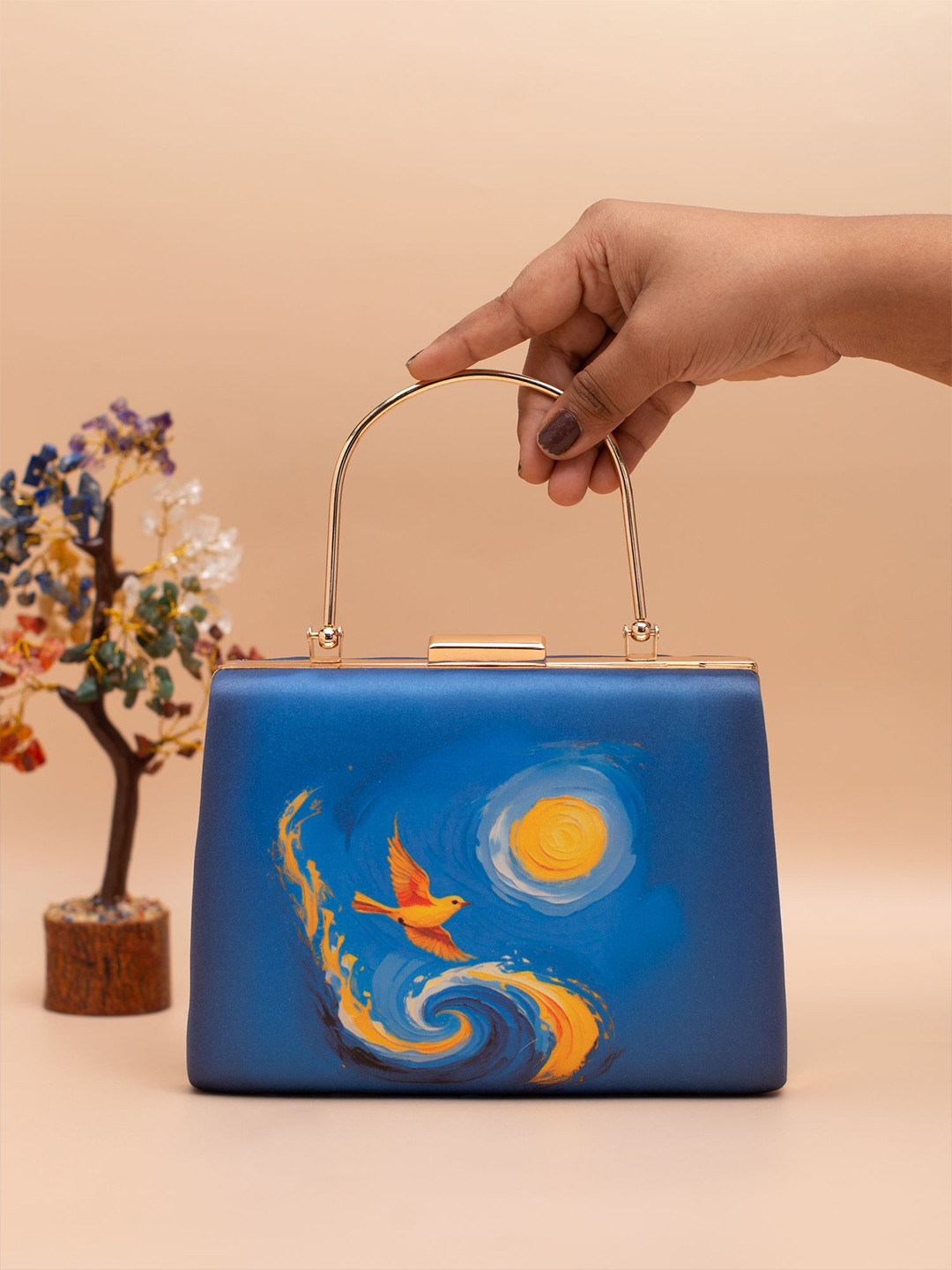 ARTKLIM Blue Abstract Bird And Sun Printed Box Clutch