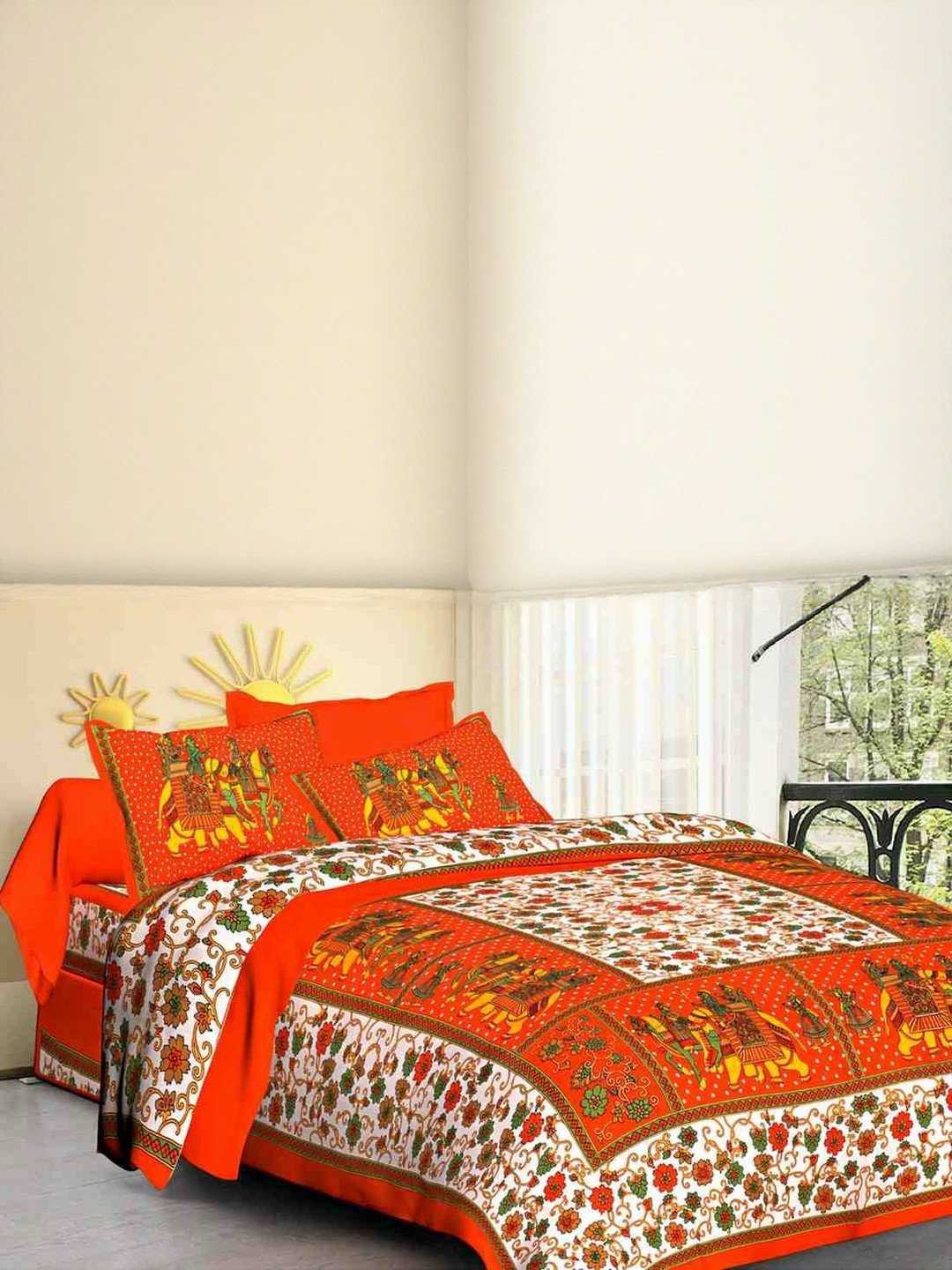 KD PRINTS Orange Printed Double 180 TC Flat Bedsheet With 2 Pillow Covers 85 X 95 Inches