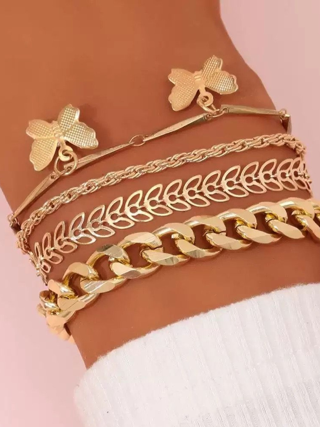 DressBerry Set Of 4 Gold-Plated Butterfly & Leaf Charm Bracelets