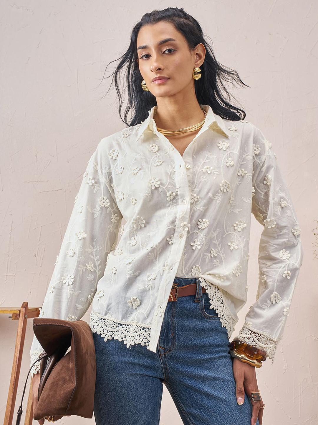 Vara By Vishudh Floral Self Design 3D Embroiderd Spread Collar Long Sleeves Cotton Shirt