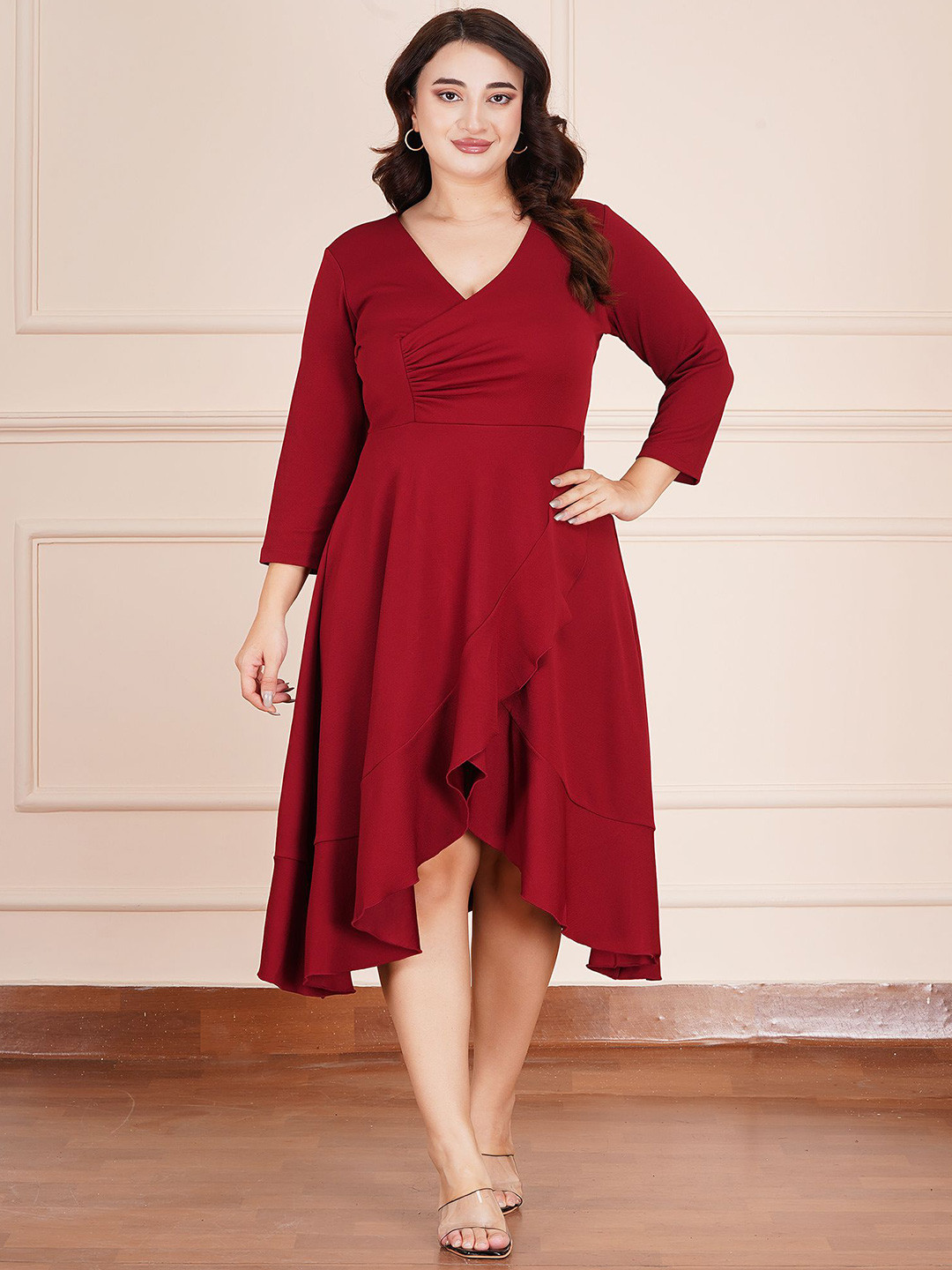 AMEEZA Women Plus Size Solid V Neck Ruffles Wrap Midi Dress