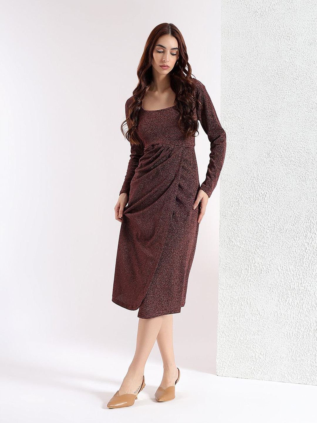 Kibo Women Square Neck Side Slits Pleated Detail Sheath Midi Dress
