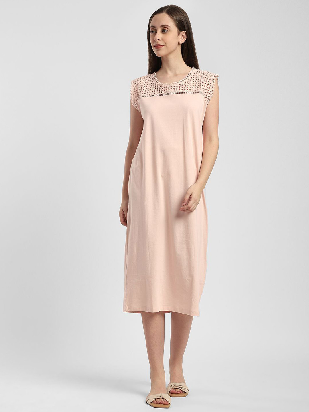 R&B Sleeveless Schiffli Cotton Shift Midi Dress