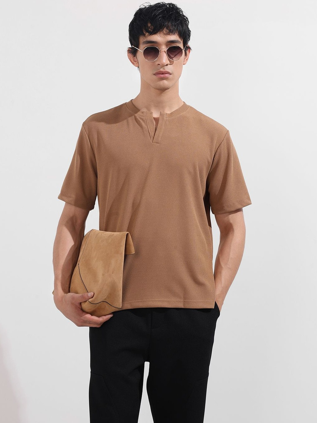 The Indian Garage Co Self Design Henley Neck Boxy T-shirt