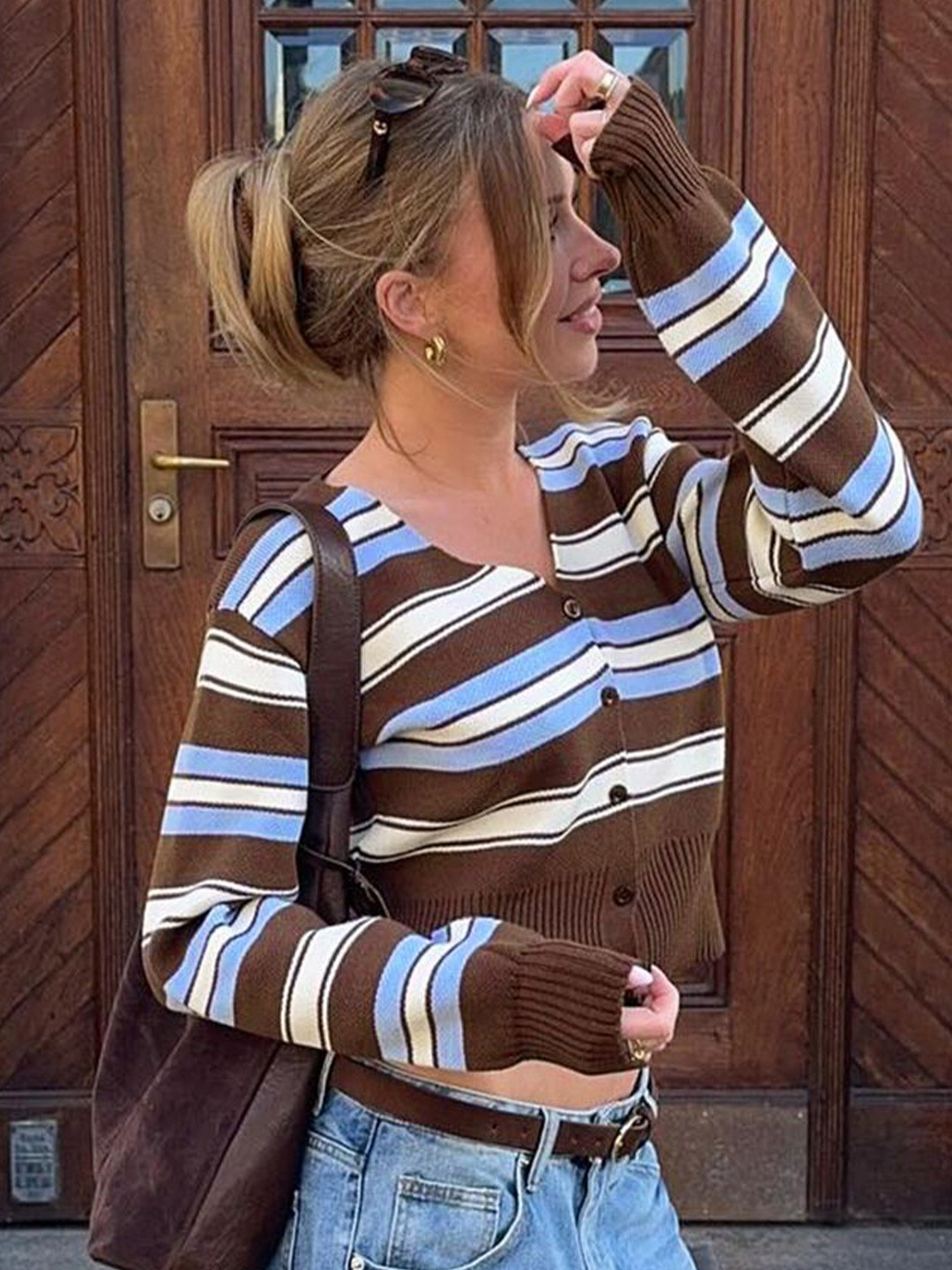 LULU & SKY Striped V-neck Cropped Cardigan