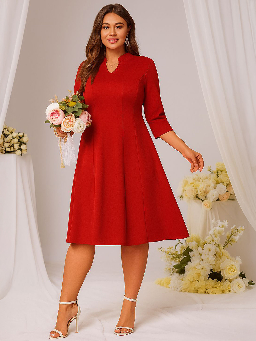 AMEEZA V-Neck Three-Quarter Sleeves A-Line Midi Dress