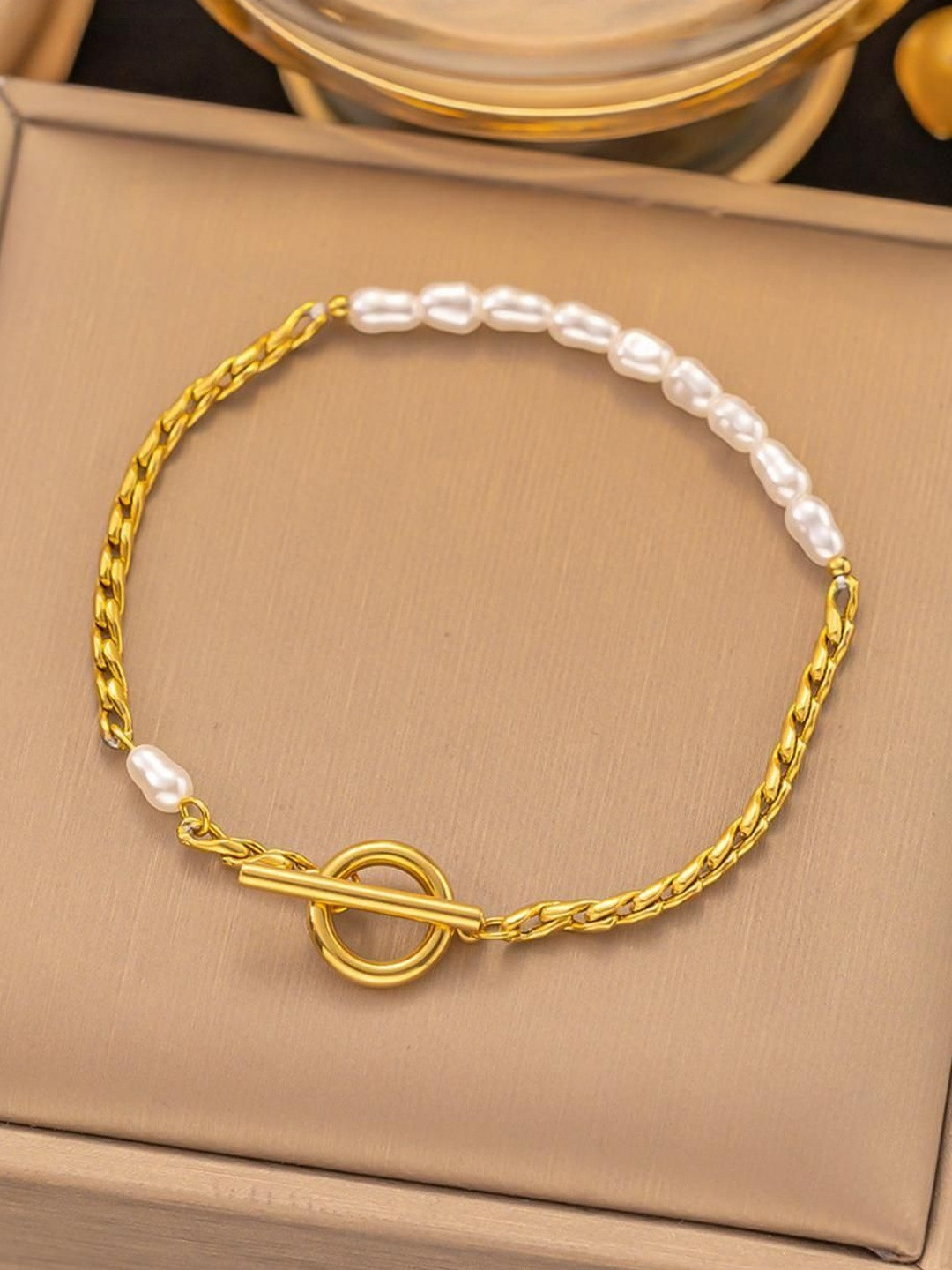 MYKI Stainless Steel Gold-Plated Anti-Tarnish Pearl Toggle Charm Bracelet