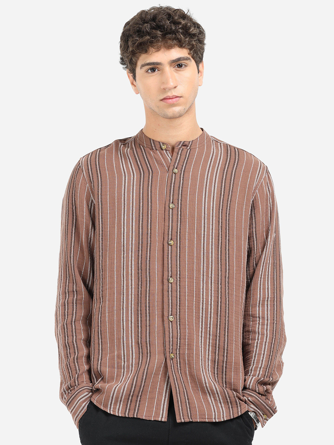 StitchX Men's Full Sleeve Textured Double Cloth Mandarin Collar Shirt