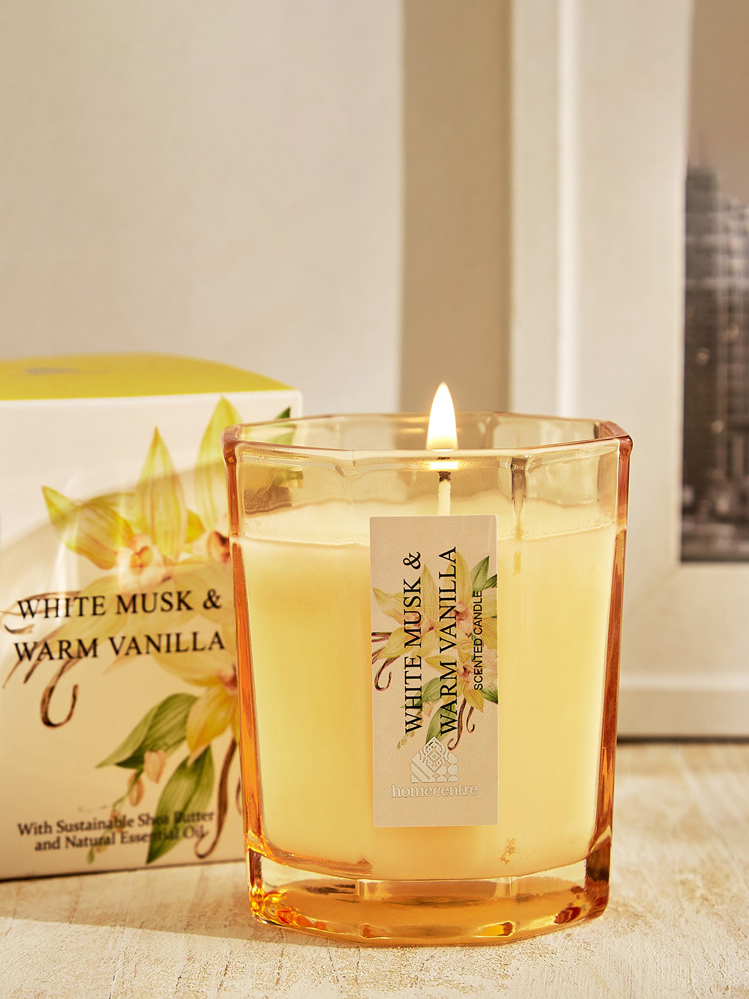 Home Centre Utopia Yellow 1 pieces Bouquet White Musk and Warm Vanilla Scented Jar Candle