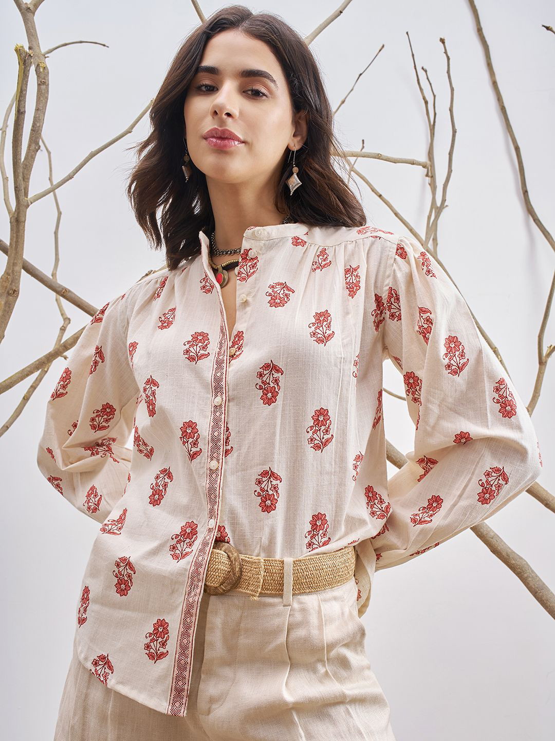 Vara By Vishudh Floral Printed Band Collar Long Sleeves Cotton Shirt