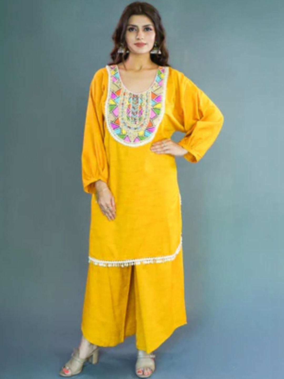 Kasha Hai Ethnic Motifs Embroidered Sequinned Pure Cotton Kurta With Palazzos