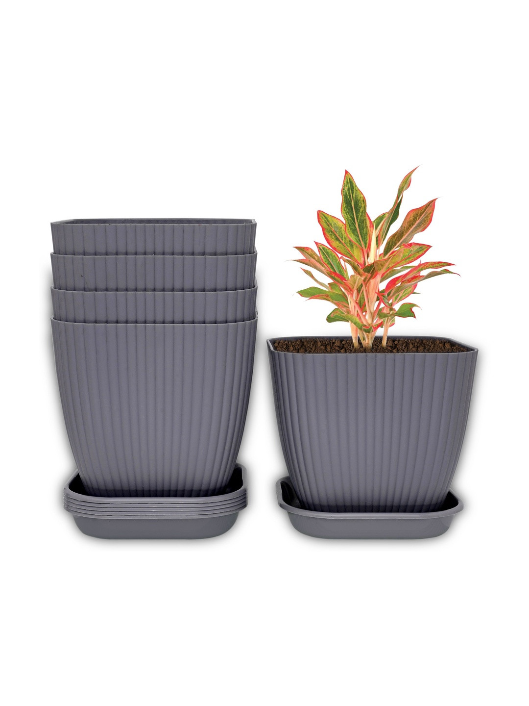 Decorway Grey 5 Pieces Square Pot With Tray Planters