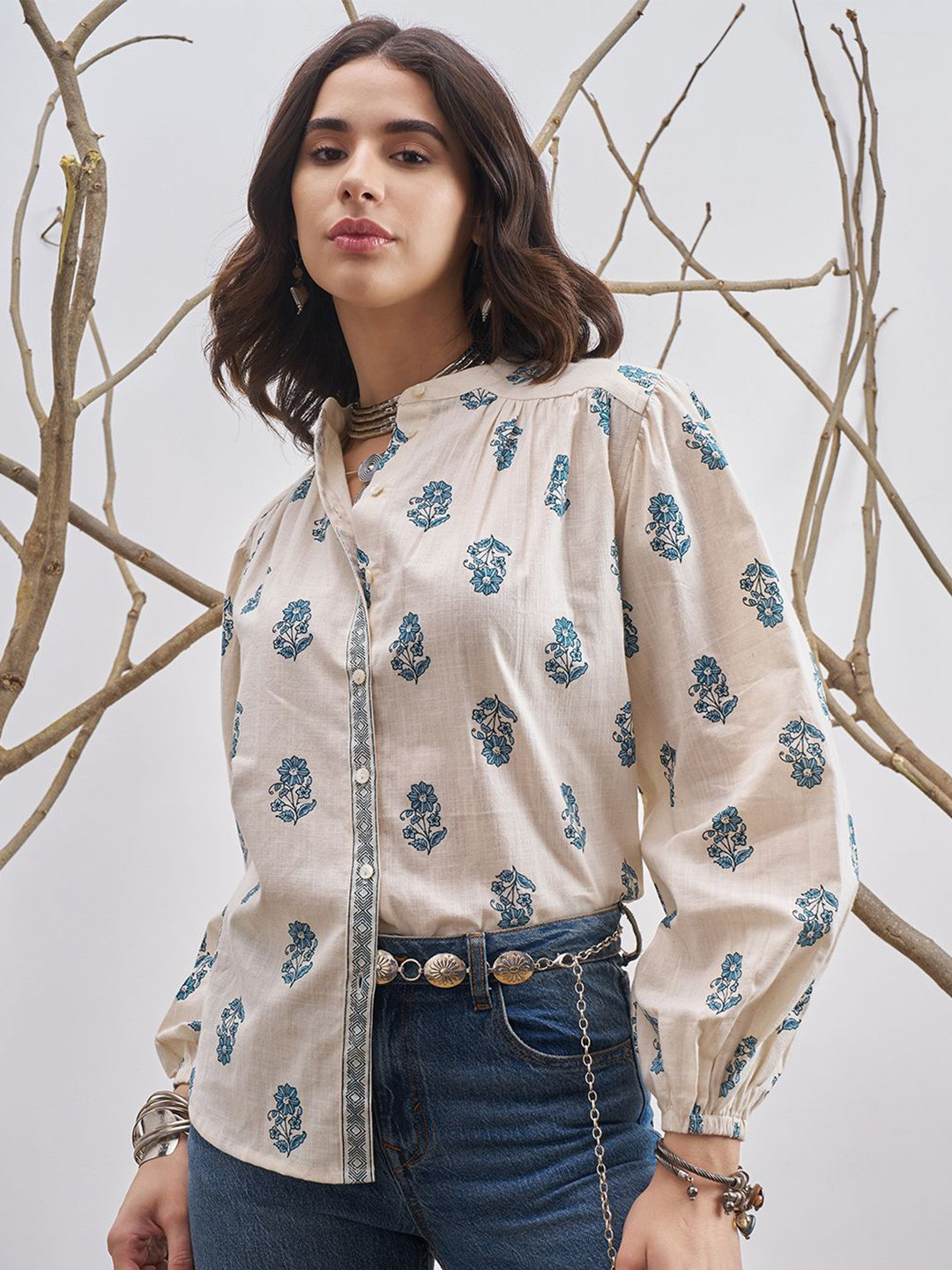 Vara By Vishudh Floral Printed Band Collar Long Sleeves Cotton Shirt