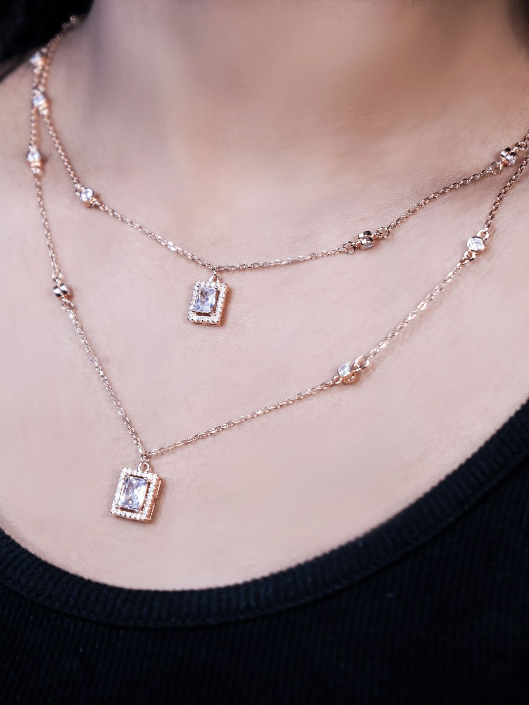 Kinavah Rose Gold-Plated Cubic Zirconia Studded Minimal Layered Necklace