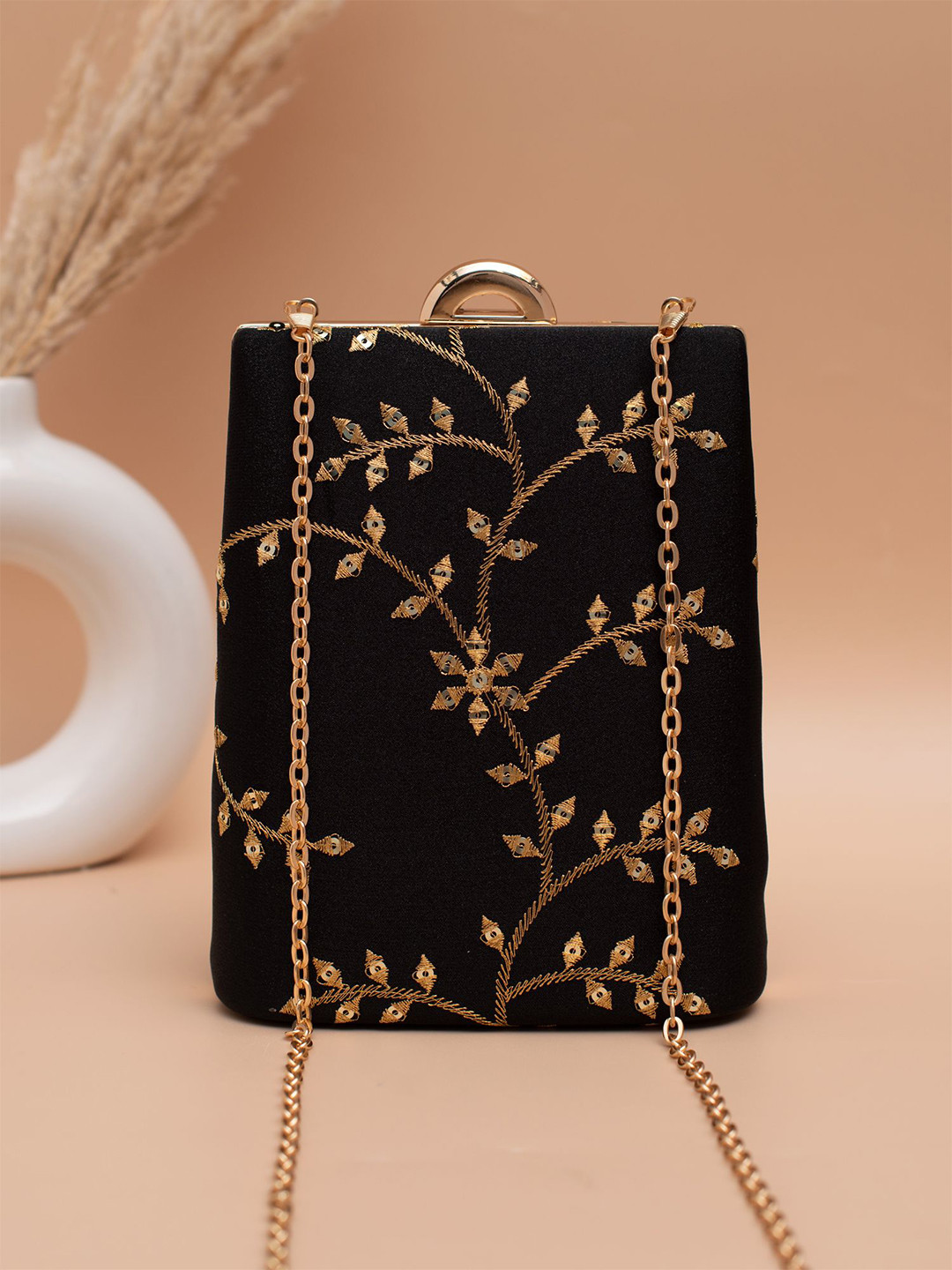 ARTKLIM Floral Embroidered Click Box Clutch