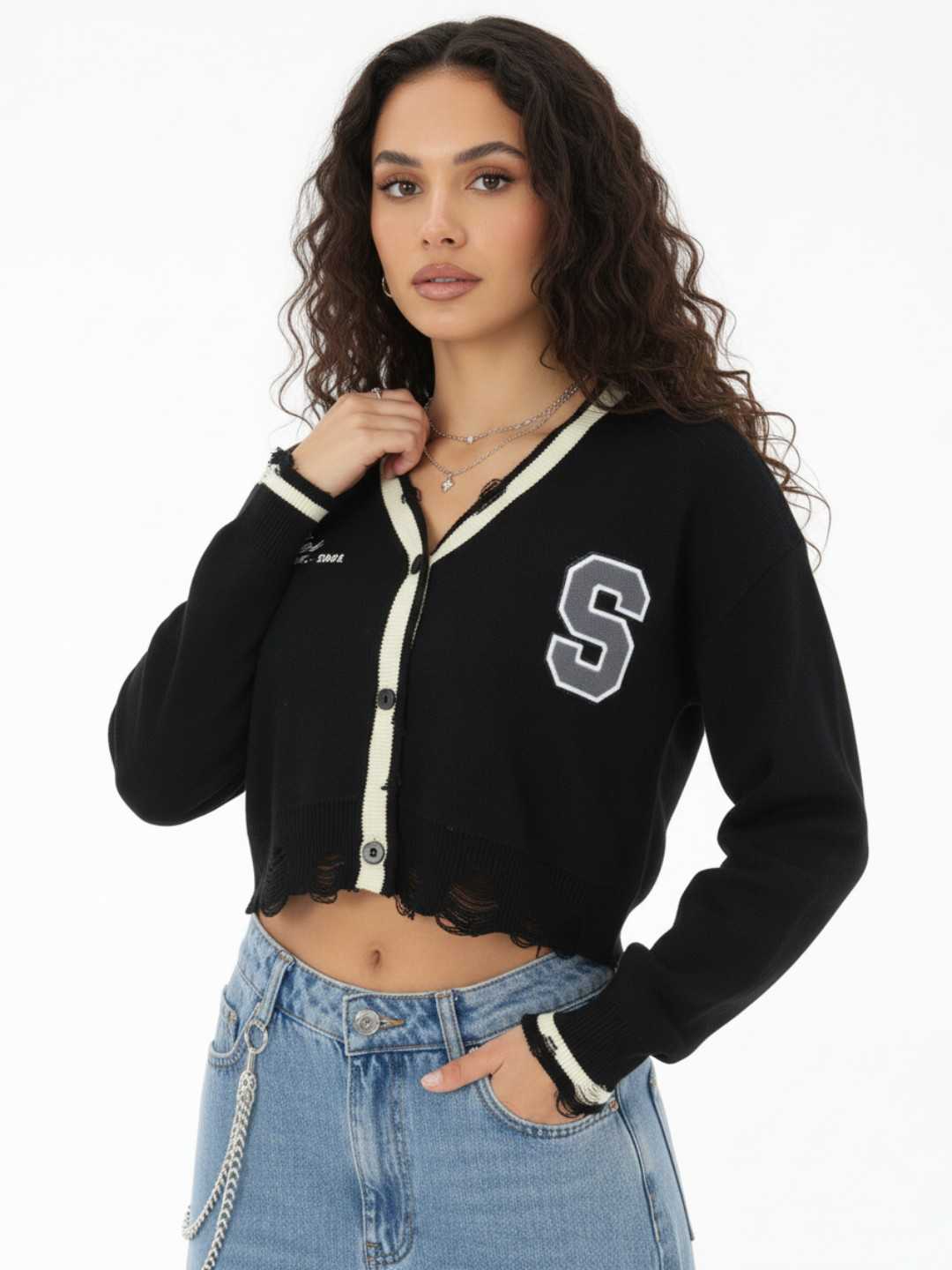 glitchez Distressed Contrast Panel & Applique Cardigan