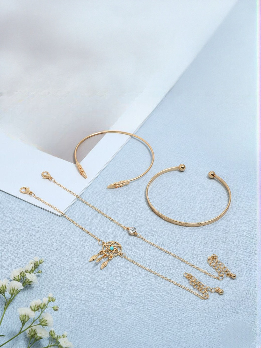 DressBerry Set Of 4 Gold-Plated Turquoise Studded Cuff Bracelets