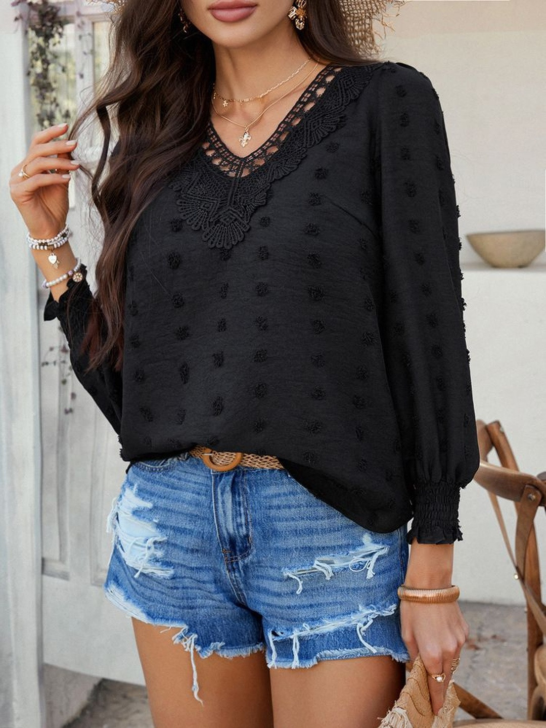 StyleCast Black V-Neck Lace Inserts Long Sleeve Top