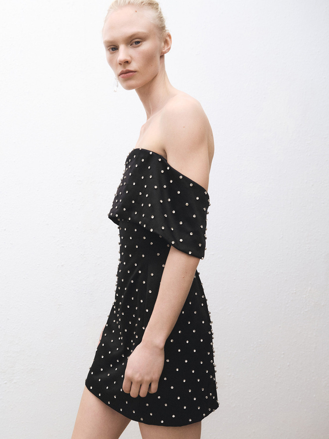 MANGO Off-Shoulder Beaded Bandeau Mini Dress