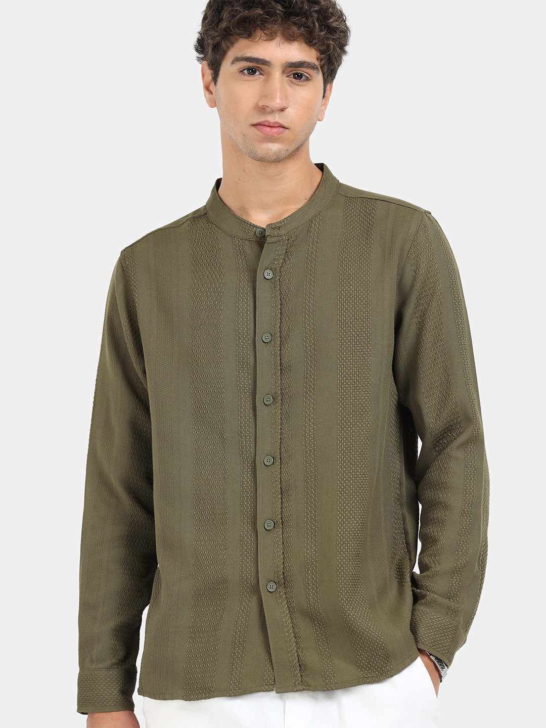 StitchX Men's Full Sleeve Textured Stripe Mandarin Collar Shirt