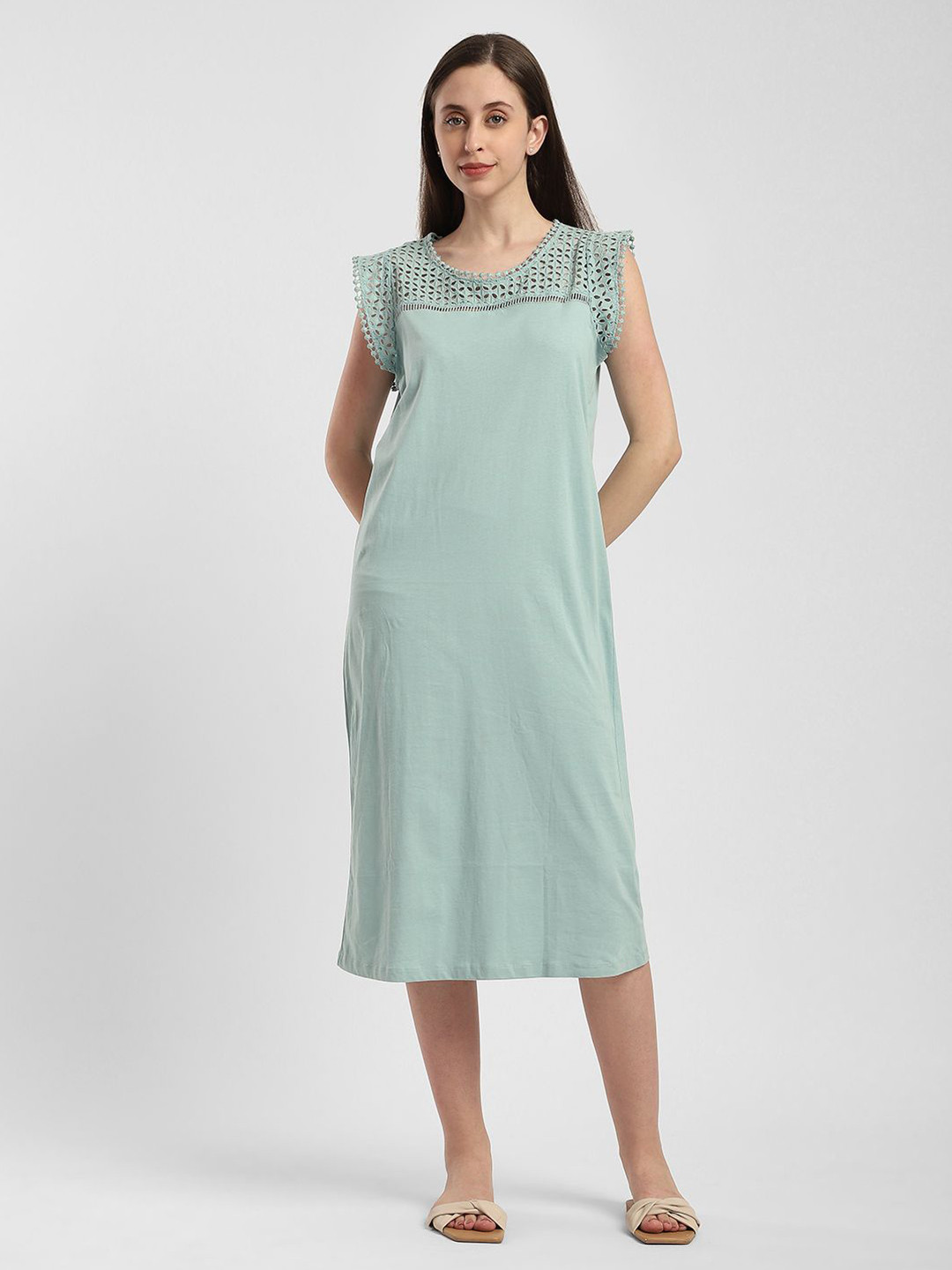R&B Women Schiffli Embroidered Cotton Round Neck Midi Nightdress
