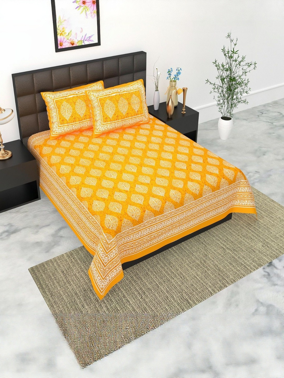 KD PRINTS Yellow Printed King 180 TC Flat Bedsheet With 2 Pillow Covers 85 X 95 Inches