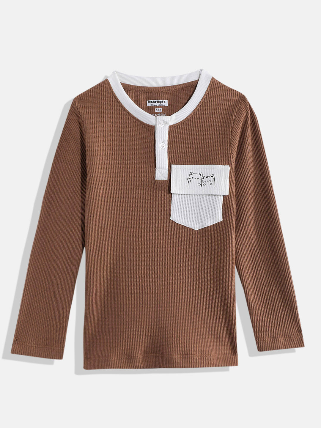 makemyfab Boys Waffle Knit Henley Neck Pocket Detailing T-shirt