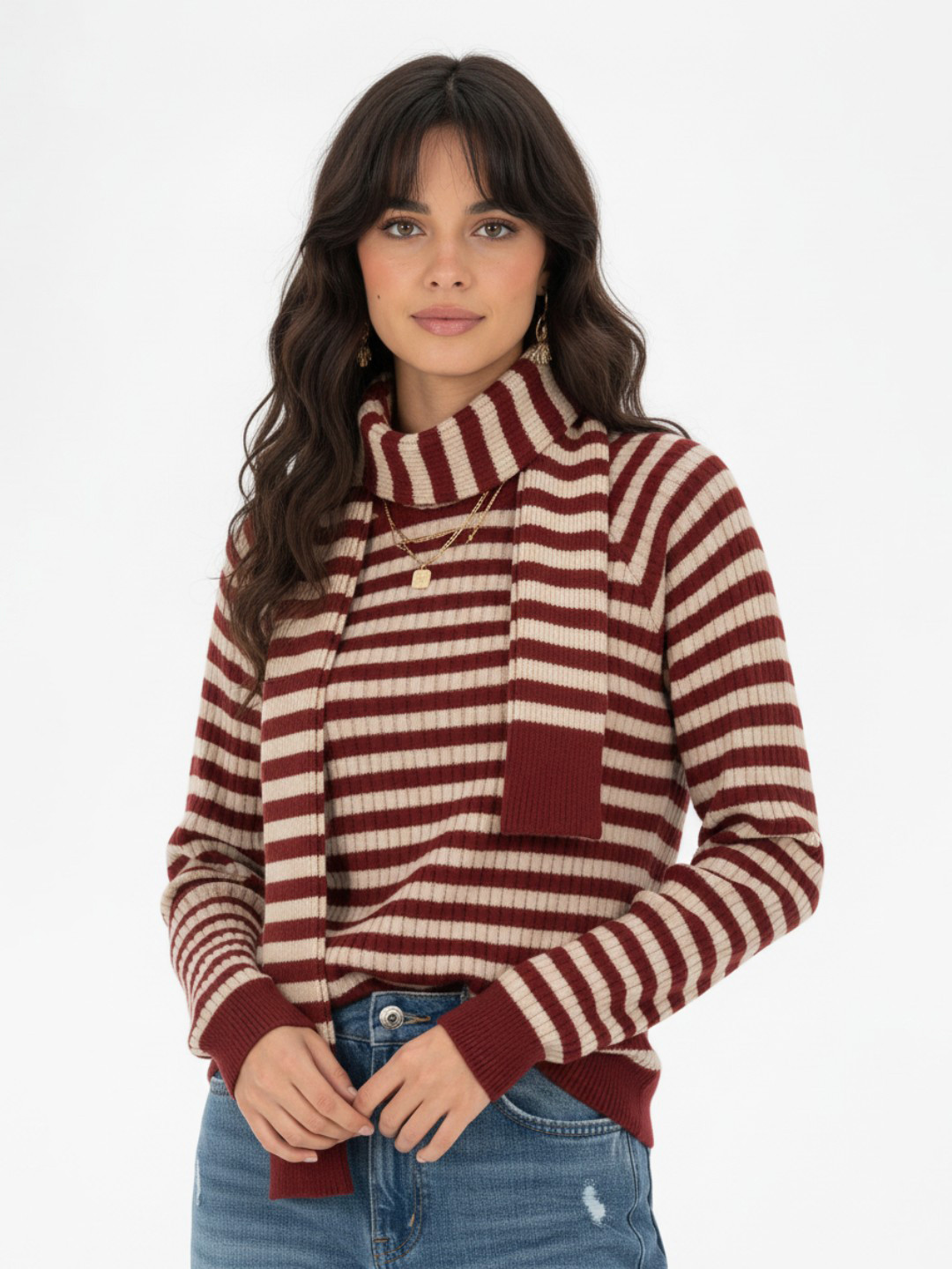 glitchez Striped Round Neck Oversized Pullover with Scarf