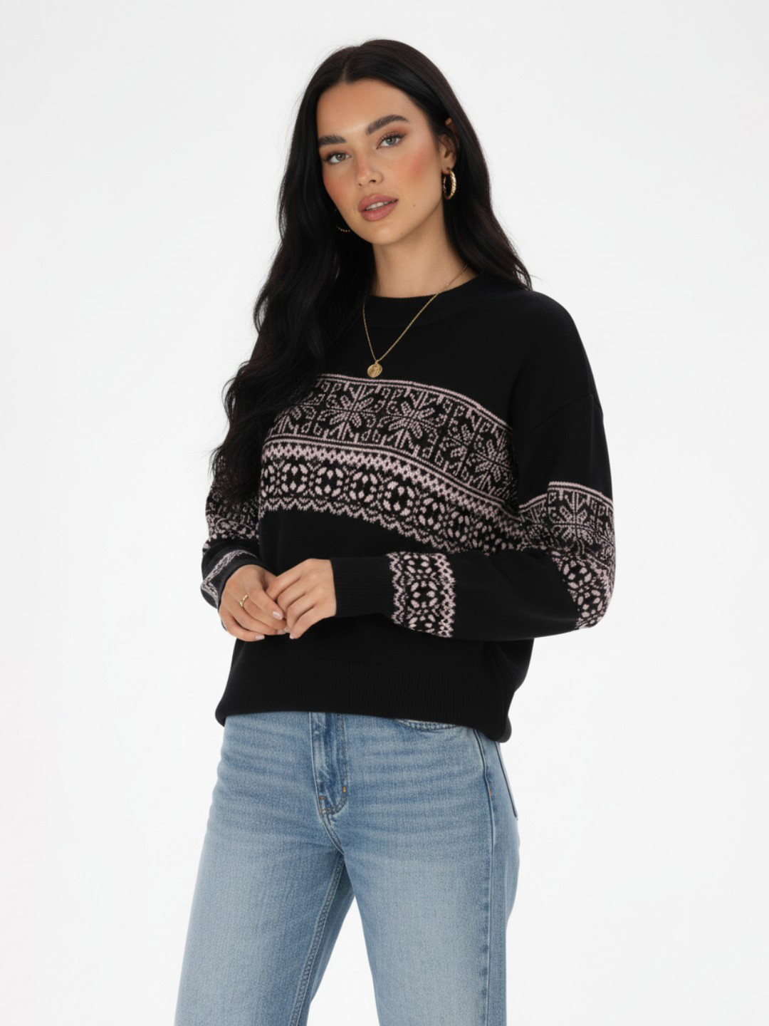 glitchez Fair Isle Self Design Round Neck Oversized Pullover
