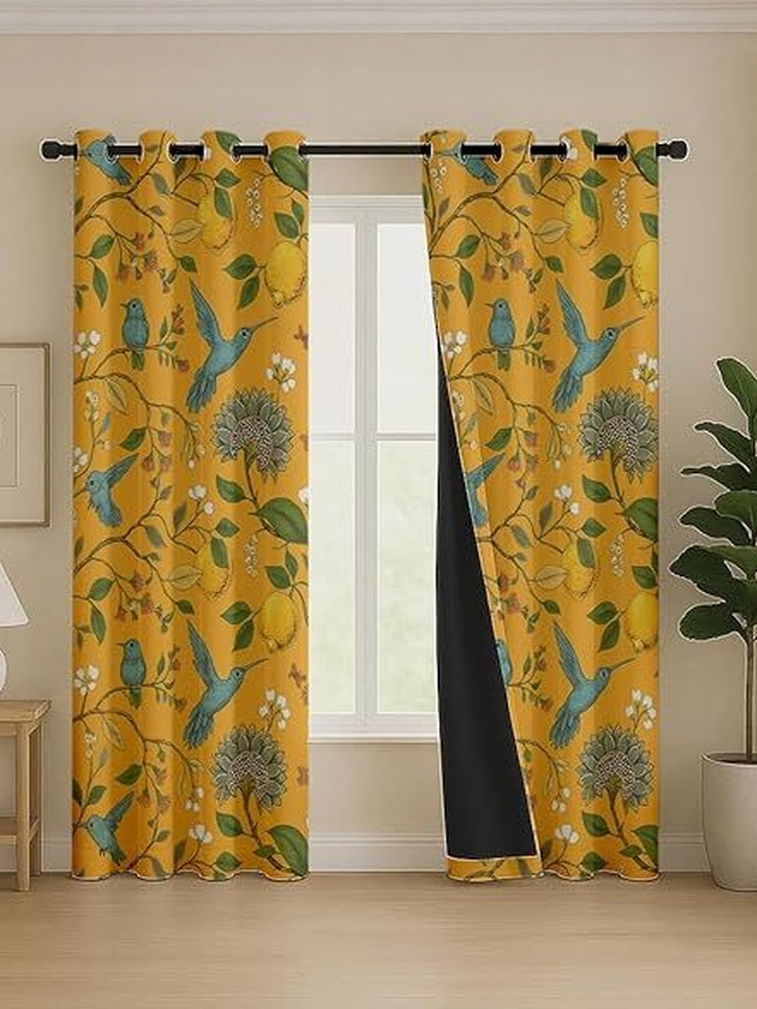 BFAM Yellow & Green Floral Thermal Insulated 2 Pieces Door Black Out Eyelet Curtains
