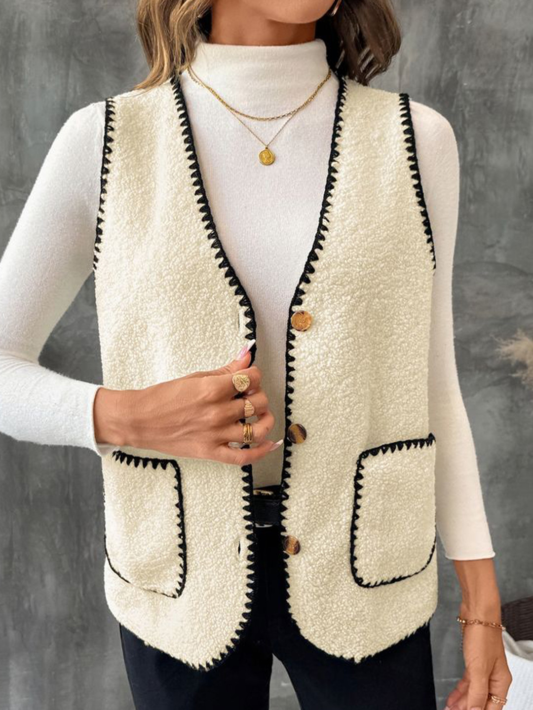 LULU & SKY Women Boucle Colourblocked Buttoned V-neck Sweater Vest with Embroidered Detail