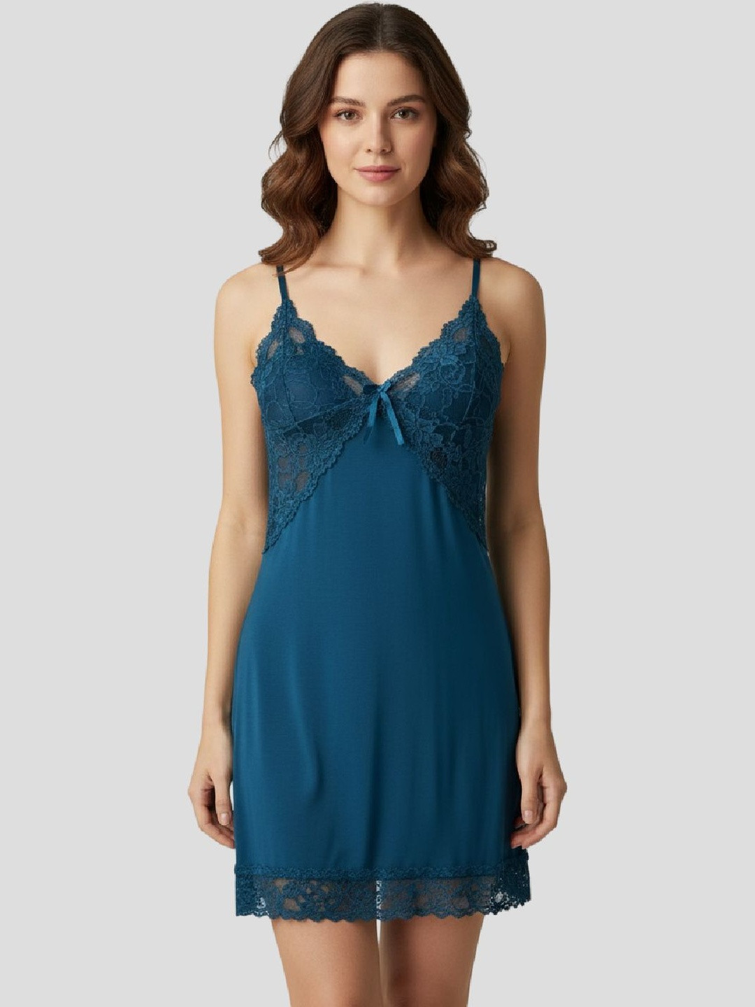 Luvien Paris Women Self Design Shoulder Straps Chemise Lace Babydoll