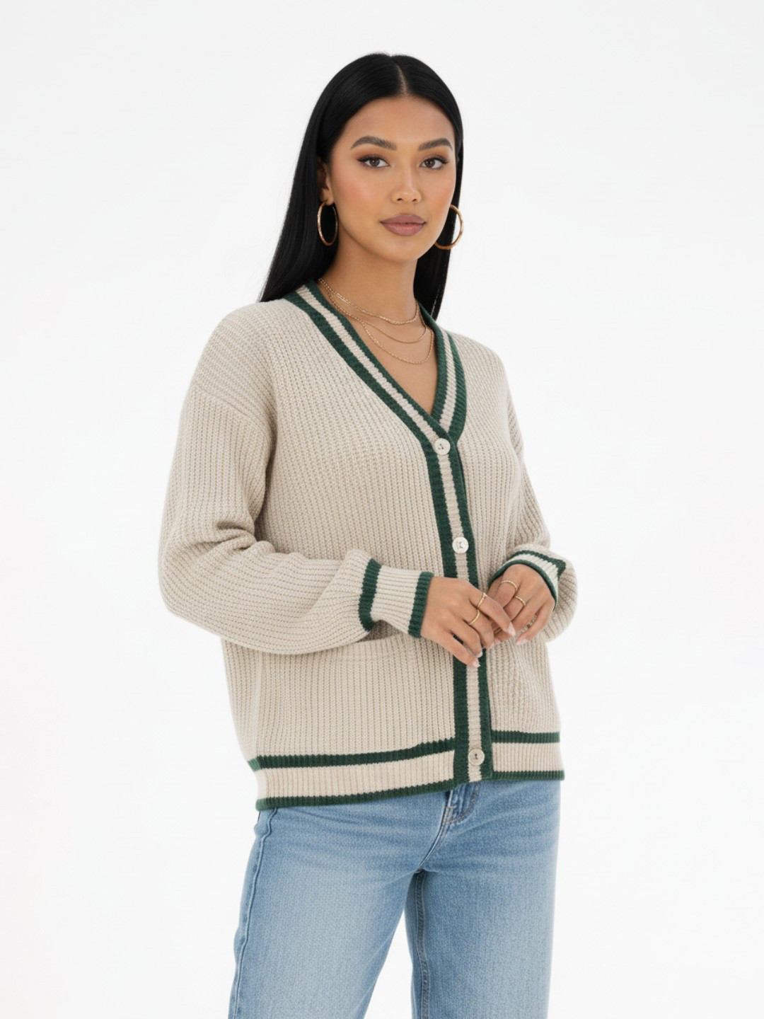 glitchez Ribbed V-Neck Drop-Shoulder Sleeves Oversized Cardigan with Contrasting Edges