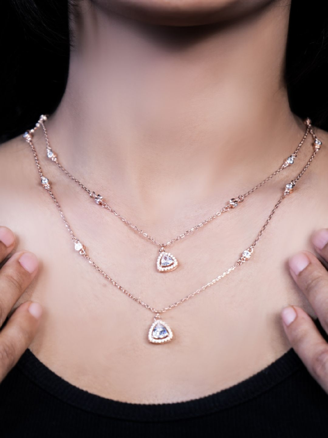 Kinavah Rose Gold-Plated Cubic Zirconia Studded Minimal Layered Necklace