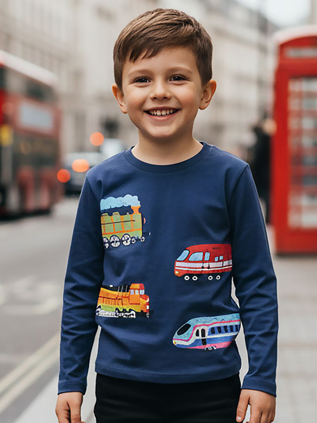 INCLUD Boys Train Cartoon Printed Long Sleeves Pure Cotton Regular Fit T-shirt