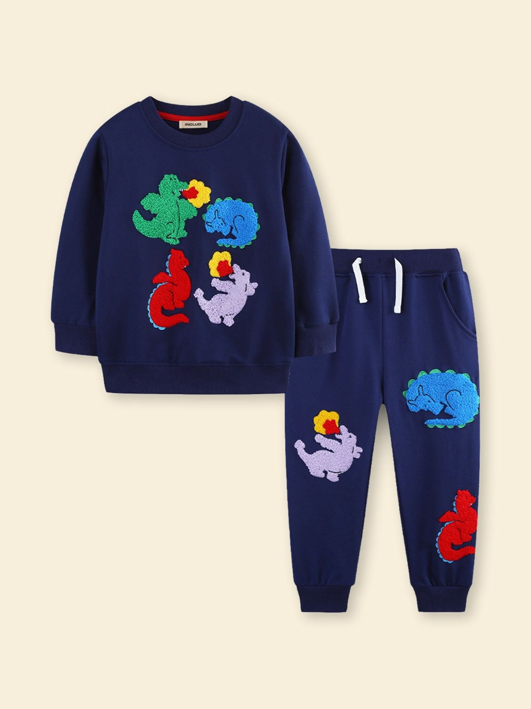 INCLUD Boys Navy Blue Dinosaur Cartoon Embroidered Sweatshirt With Jogger Set